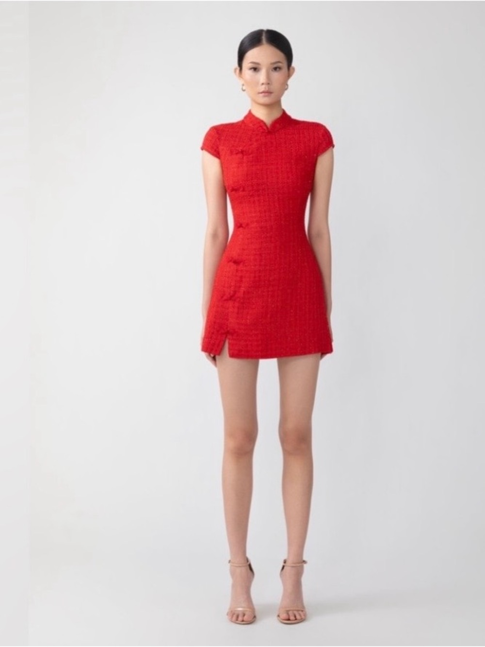 Sau Lee Cap-Sleeve Red Tweed Mini Dress with Front Slit - Picture 4 of 6